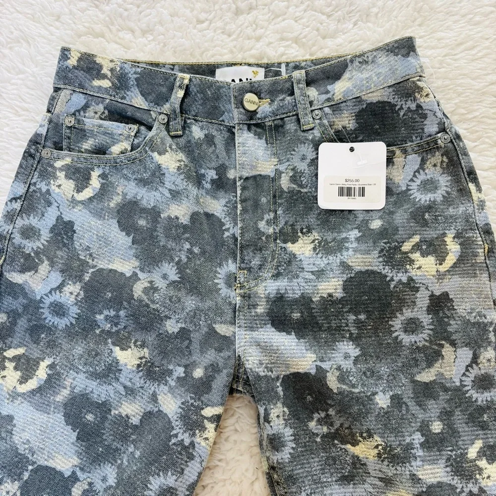 Ganni Denim Betzy Print Brunnera Blue/Multicolor Floral Patterned Flare Jeans 28